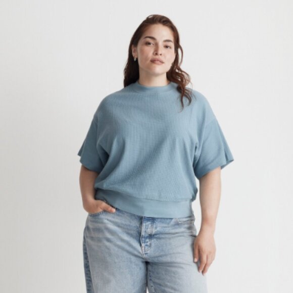 Madewell Plus Size Waffle Fishnet Mockneck Tee / 3X / OCEAN - Picture 1 of 2